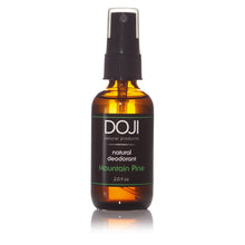 Load image into Gallery viewer, Doji natural deodorant, bottle product shot, mountain pine scent, amber glass spray bottle, on white background with reflection.