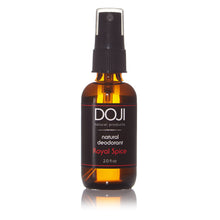 Load image into Gallery viewer, Doji natural deodorant, bottle product shot, royal spice scent, amber glass spray bottle, on white background with reflection.