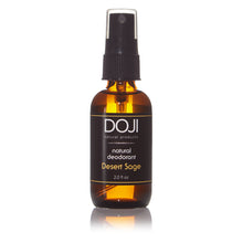 Load image into Gallery viewer, Doji natural deodorant, bottle product shot, desert sage scent, amber glass spray bottle, on white background with reflection.